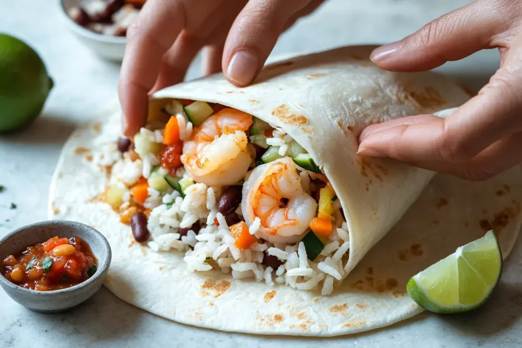 Hands assembling a shrimp burrito with vibrant fillings