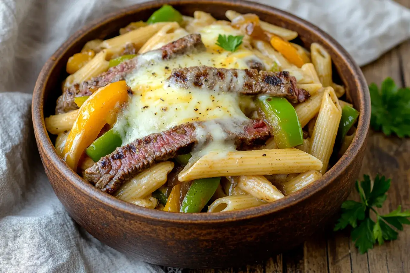 Hearty Philly cheesesteak pasta with melted cheese