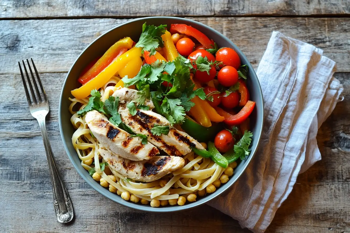 High-protein pasta with grilled chicken and vegetables