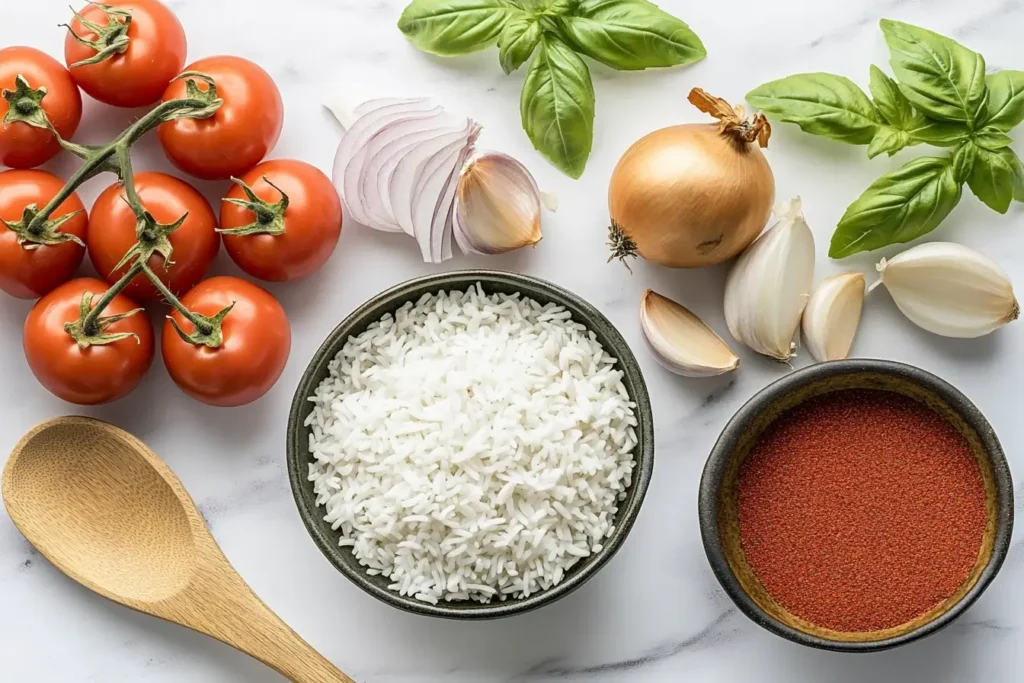 Ingredients for tomato rice soup on a marble countertop