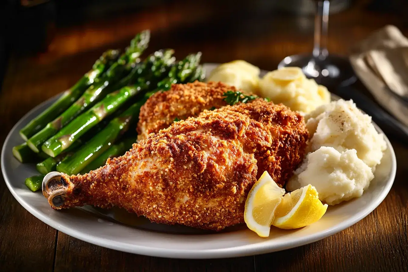 Longhorn Parmesan Crusted Chicken with mashed potatoes and asparagus