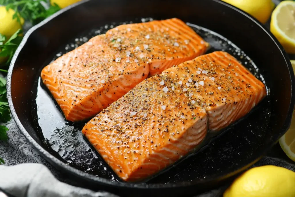 Pan-seared salmon in a cast-iron skillet with golden crus