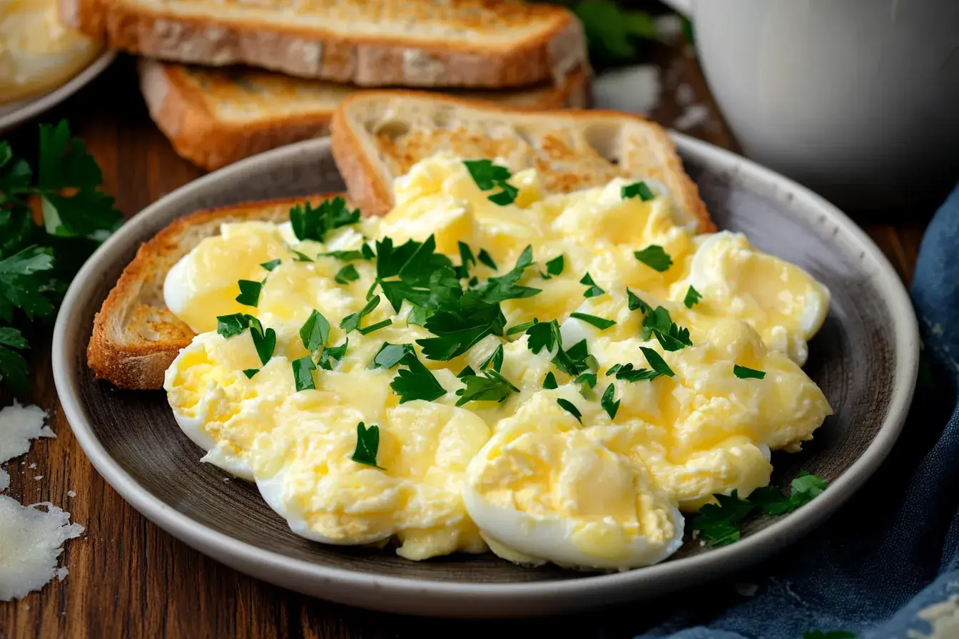 Plated garlic butter eggs with parsley and toast on a rustic table