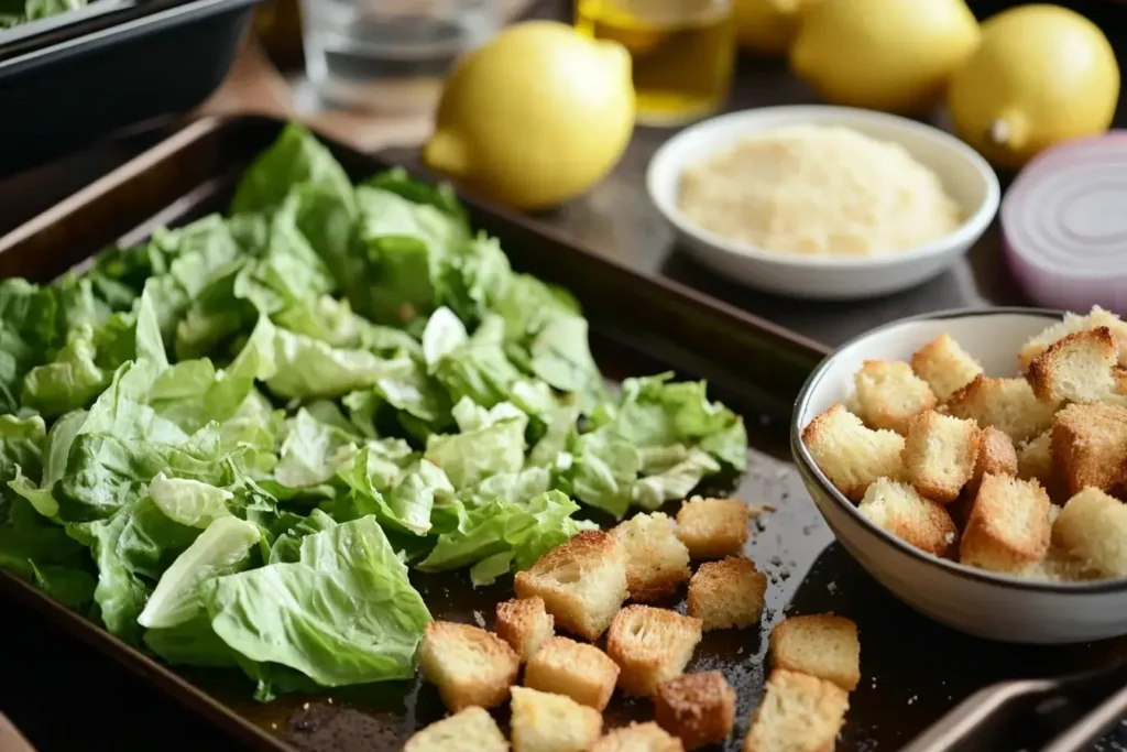 Preparing ingredients for salmon Caesar salad with romaine and Parmesan