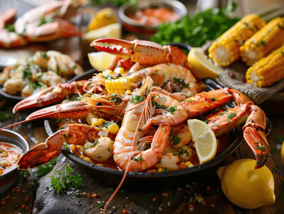 seafood boil sauce served with shrimp and crab