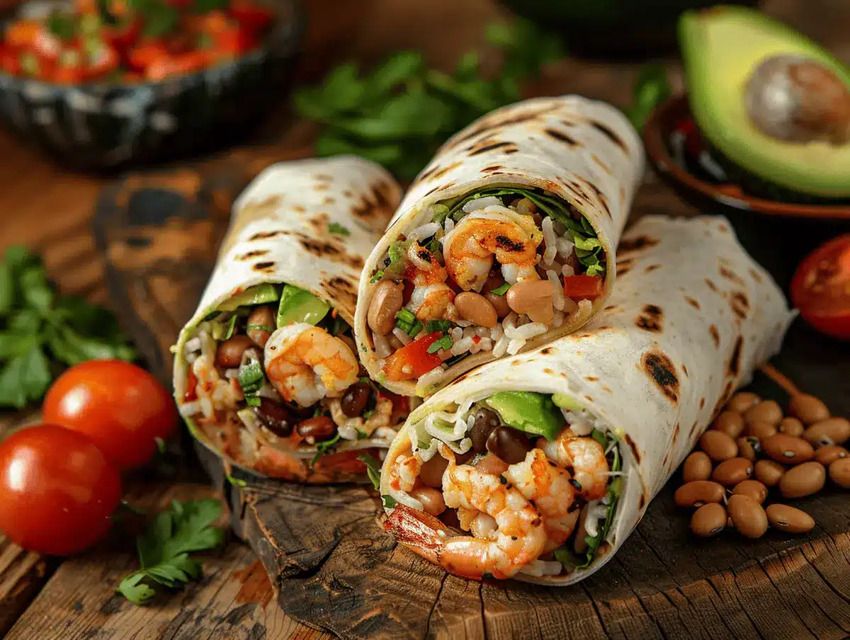 shrimp burrito recipe with rice and avocado filling