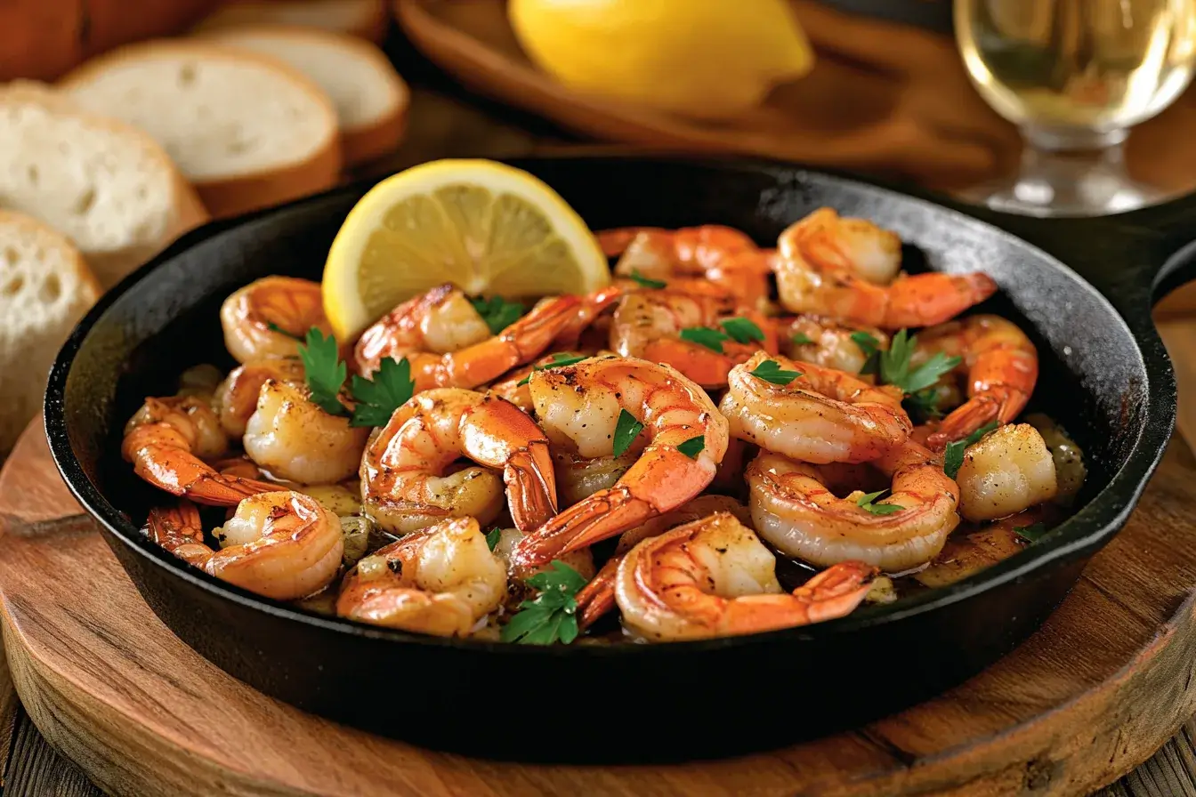 Shrimp in garlic butter sauce with parsley and lemon in a cast-iron skillet