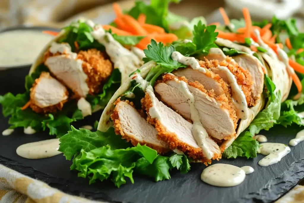 Sliced Parmesan crusted chicken in a wrap with fresh greens and carrots