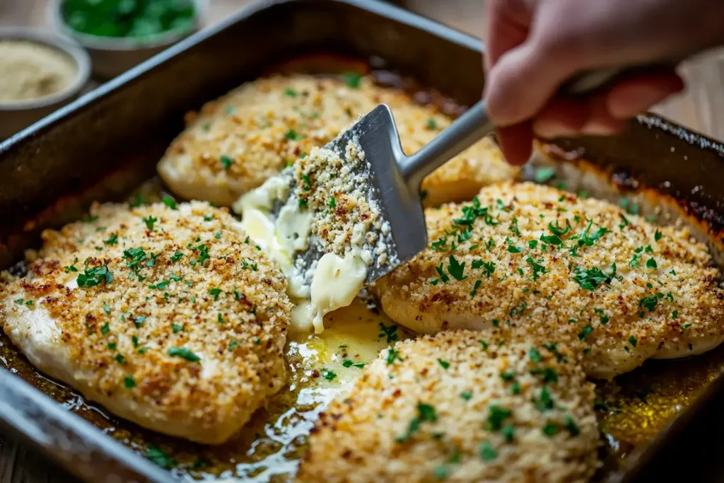 Spreading Parmesan crust onto seared chicken in a baking dish