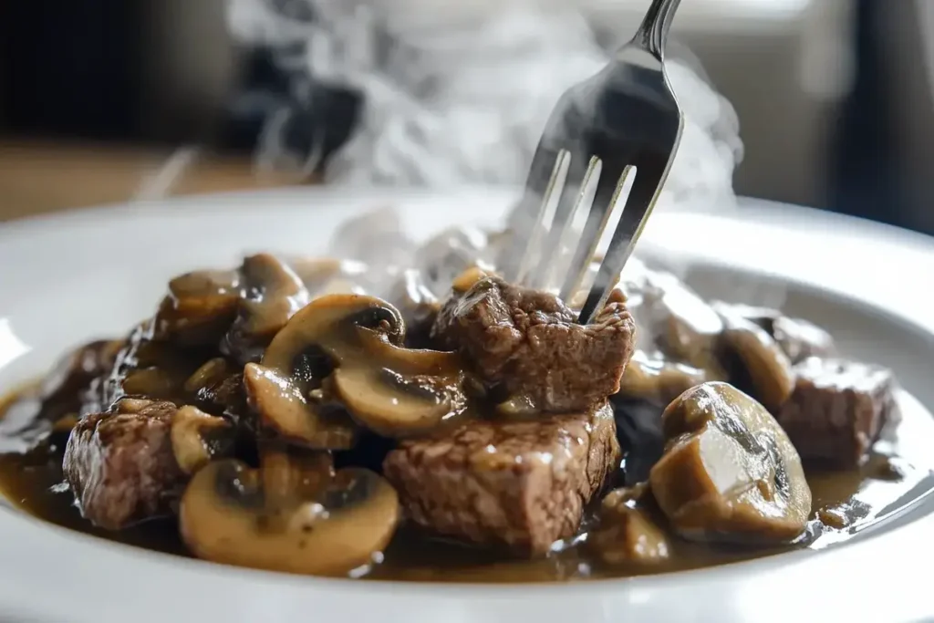 Cube steak served with mushroom gravy on a white plate