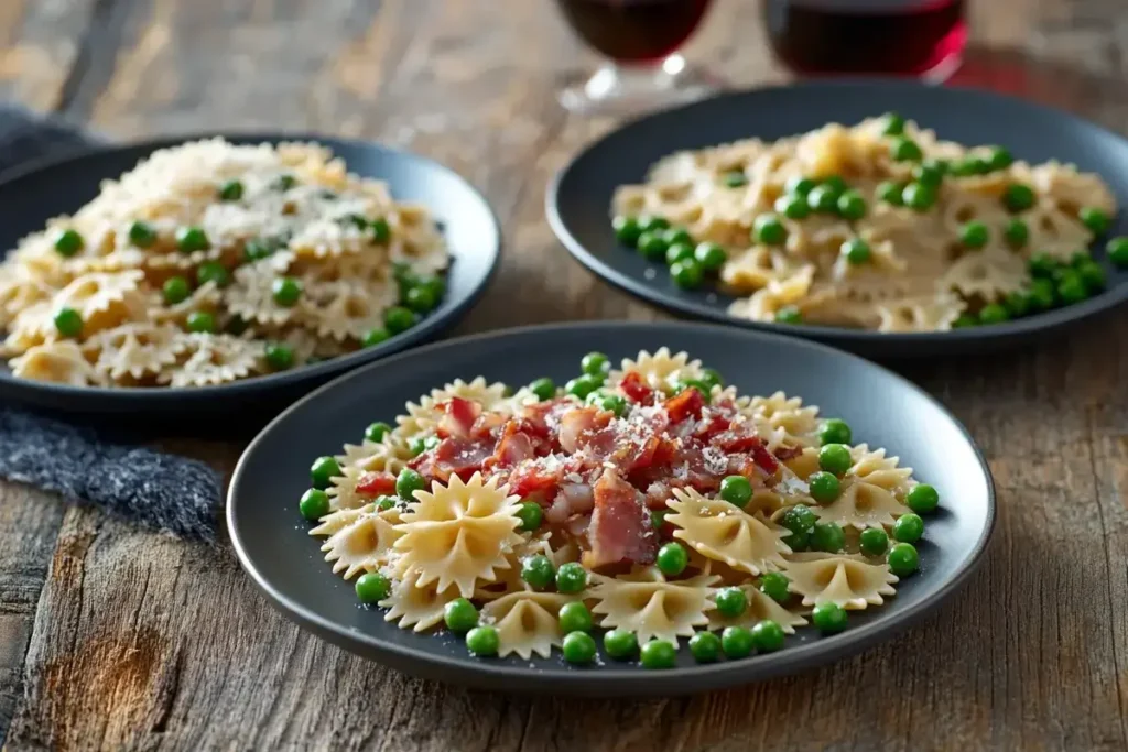 Three variations of pasta and peas on a wooden table