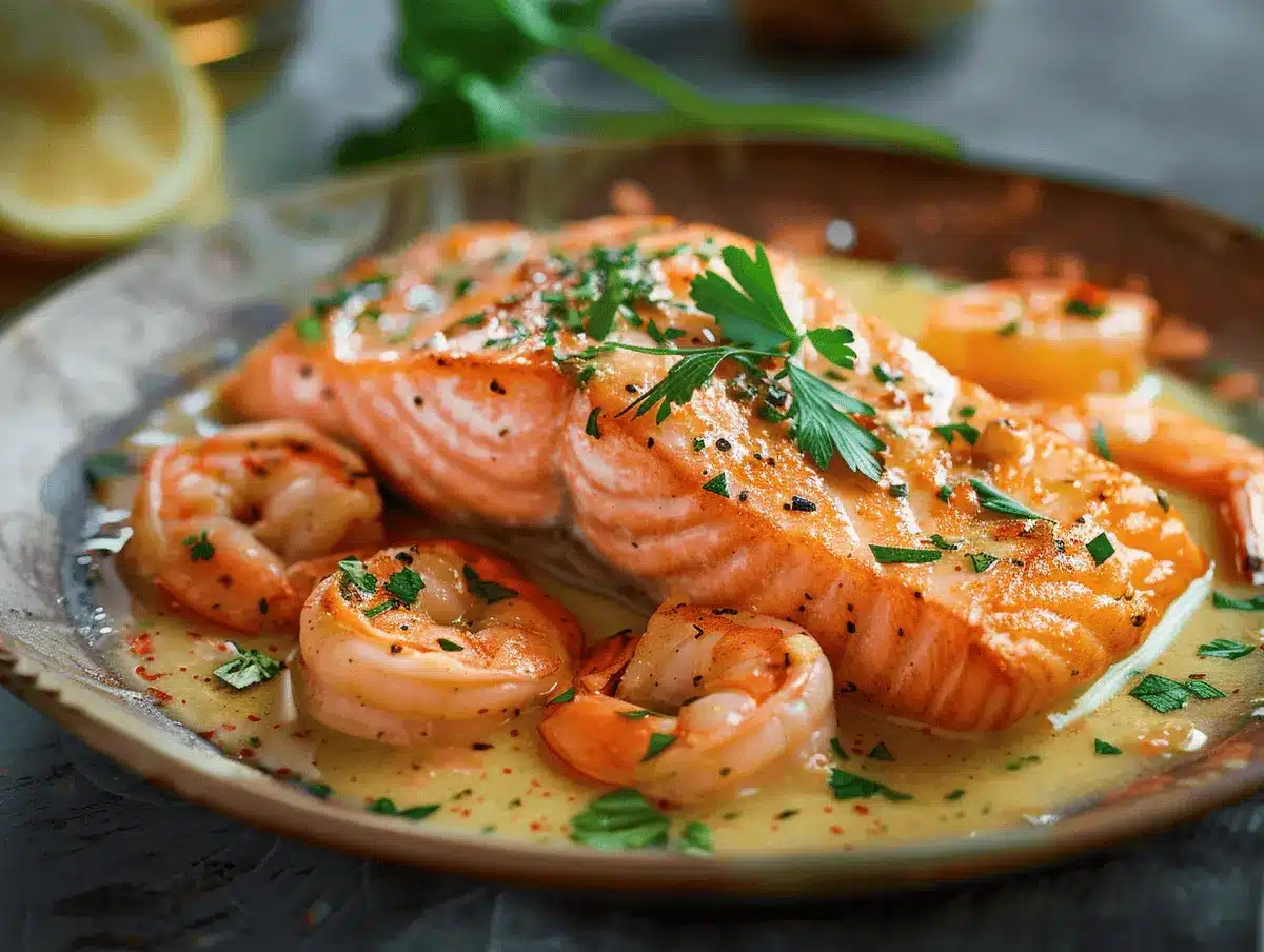 Salmon and shrimp recipe served with garlic butter and lemon on ceramic plate.