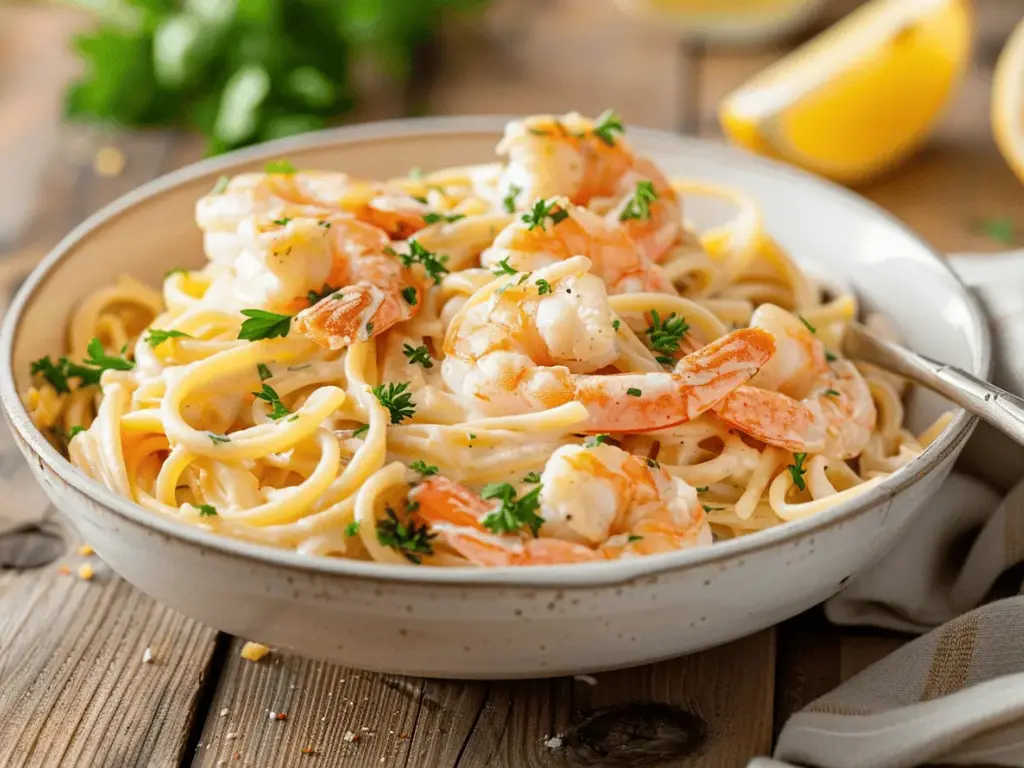 Creamy shrimp pasta recipe served on a white plate with parsley and lemon.