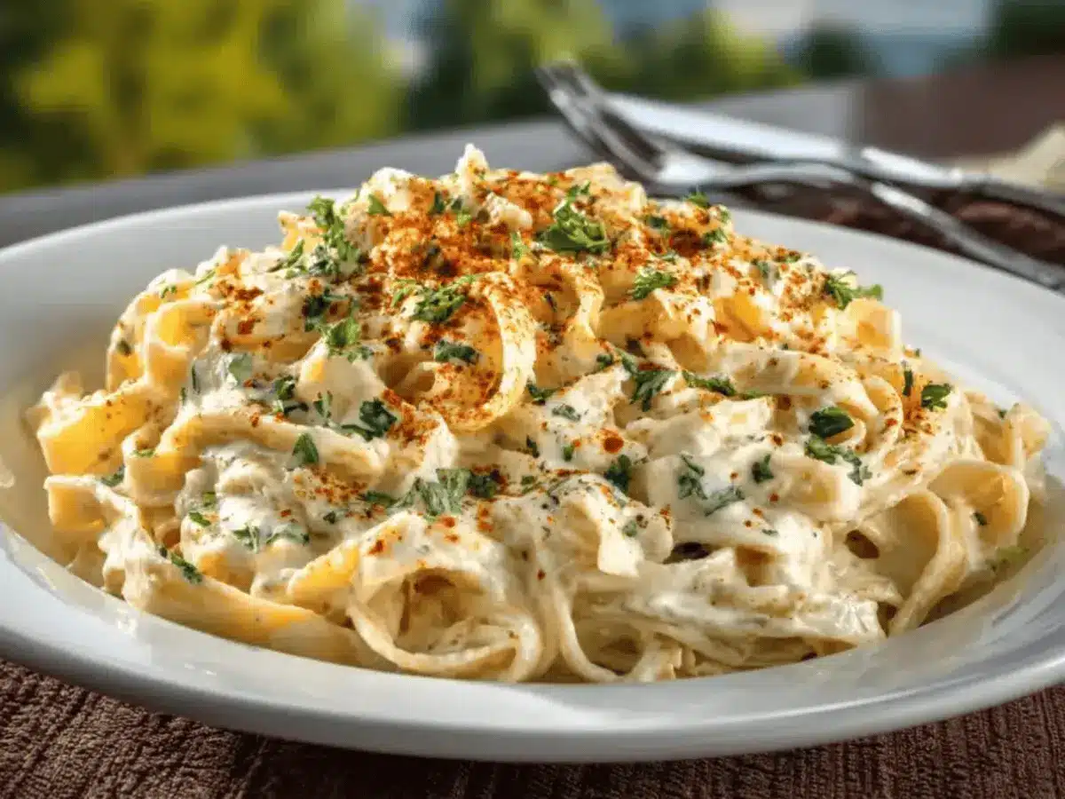 Creamy Cajun Alfredo Sauce Recipe with Pasta in a white plate