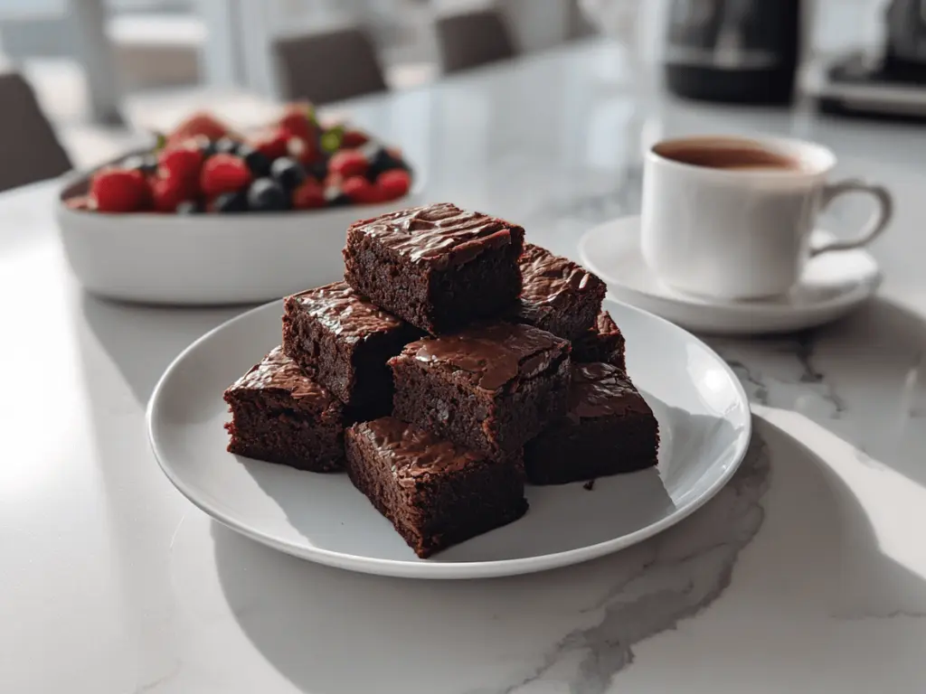 low calorie brownies on a white plate on a clean breakfast table with coffee in sunlight