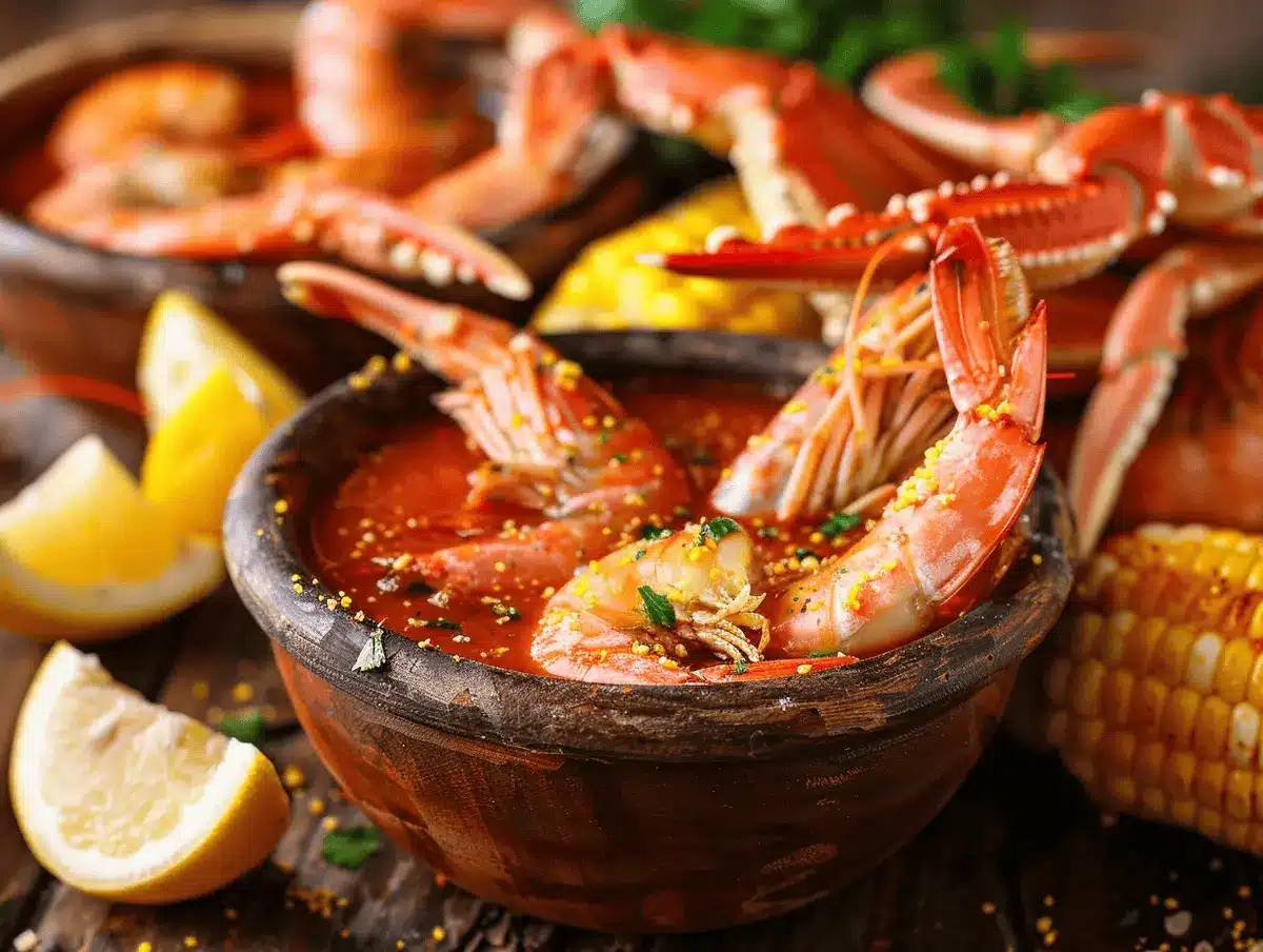 seafood boil sauce served with shrimp and crab