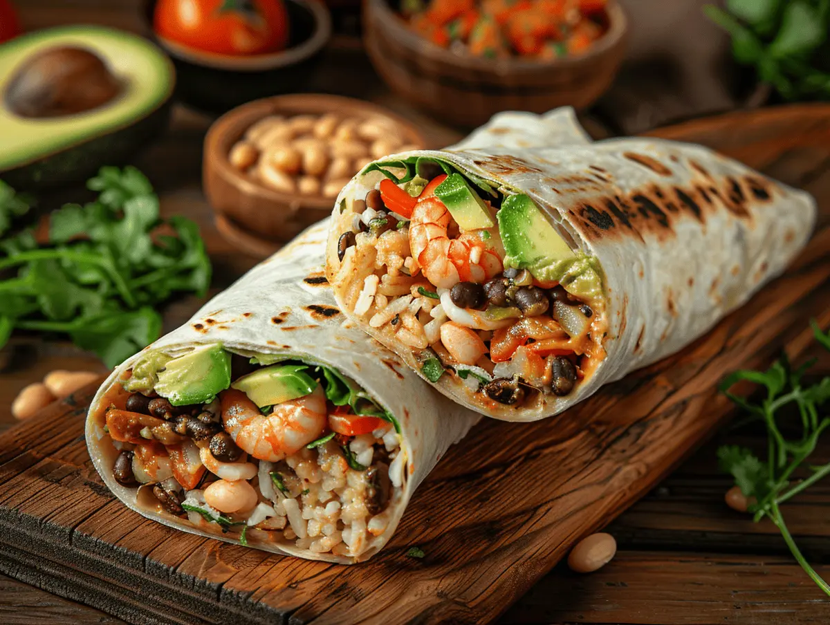 shrimp burrito recipe with rice and avocado filling
