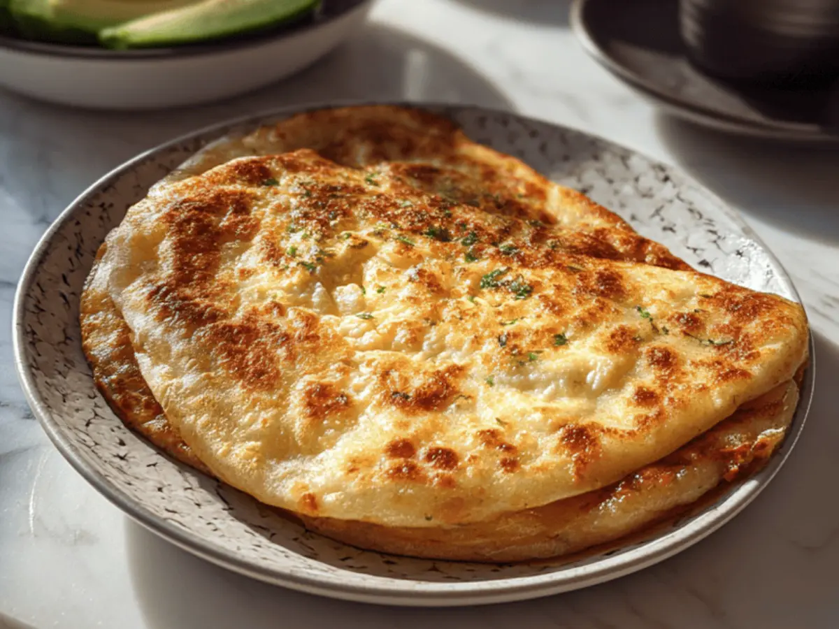 freshly baked cottage cheese and egg flatbread served on a marble surface