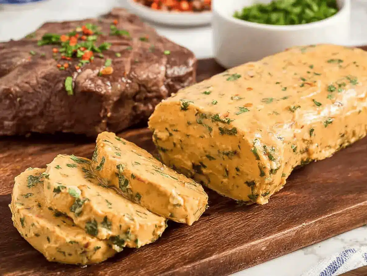 Cowboy Butter Recipe served warm beside grilled steak and herbs.