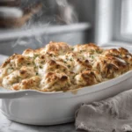 freshly baked chicken and dumpling bake in white dish