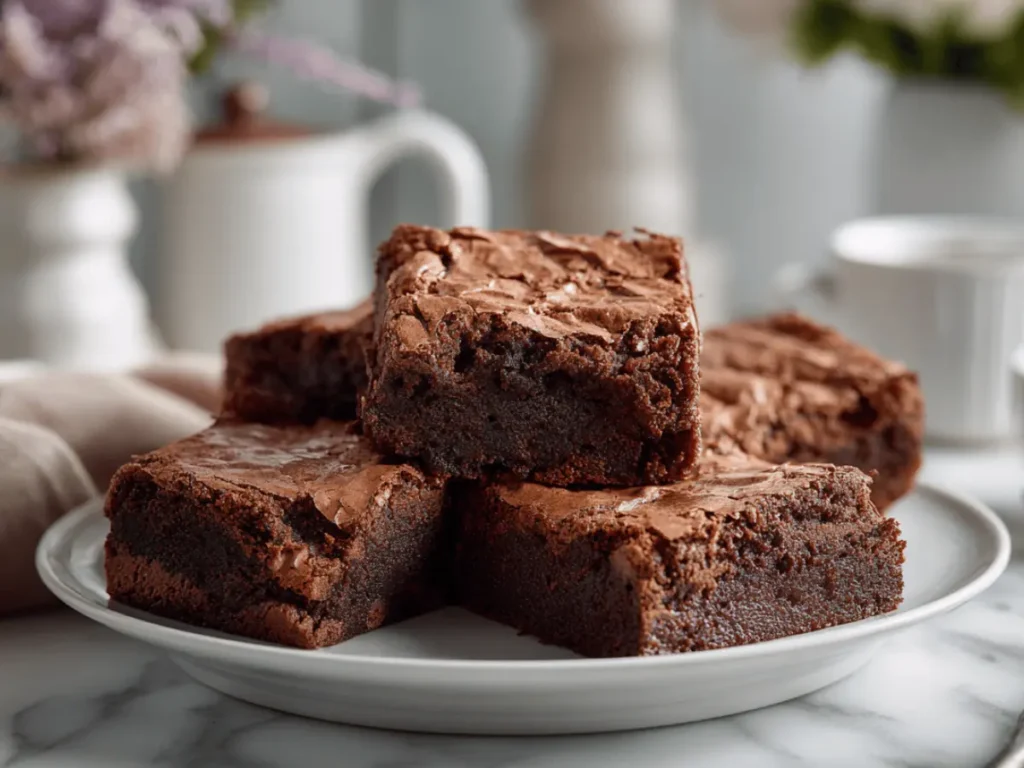 Cottage cheese brownies with a rich fudgy texture on a marble surface