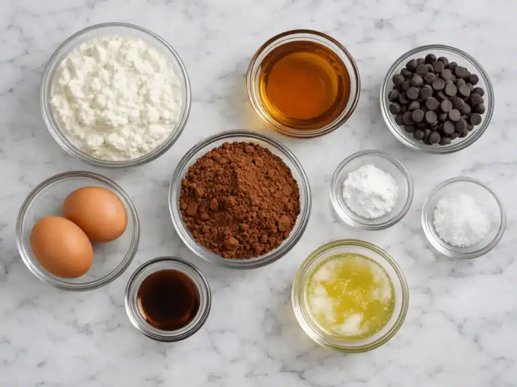 Ingredients for cottage cheese brownies arranged on a marble counter