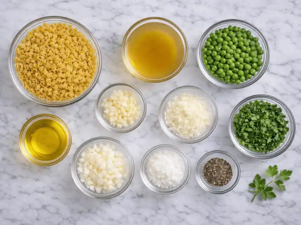 Ingredients for a simple ditalini pasta recipe displayed on marble.