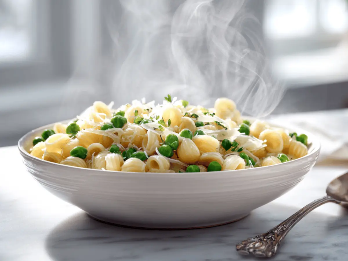 Ditalini pasta recipe served in a warm bowl with peas and Parmesan.