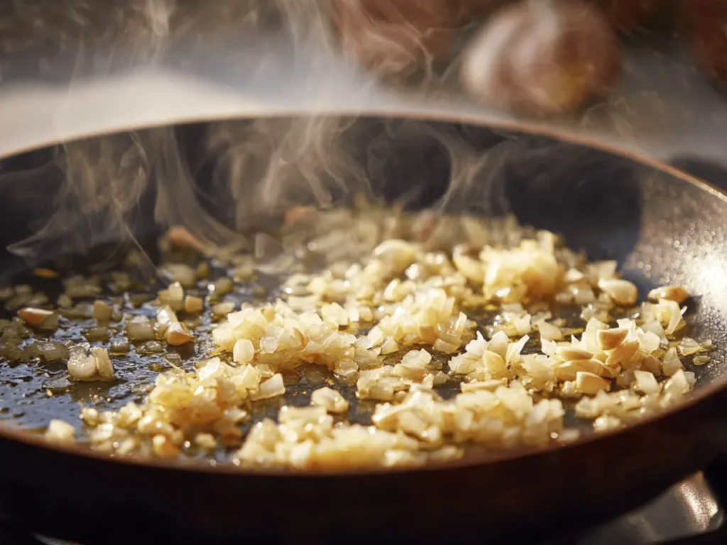 Onion and garlic cooking in olive oil for ditalini pasta prep.