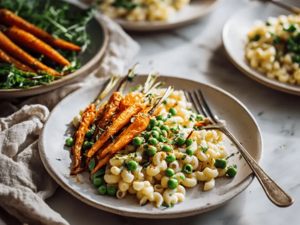 Ditalini pasta served with roasted carrots and a fresh salad.