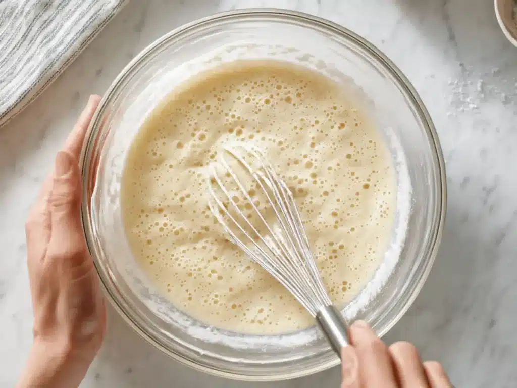 Mixing fluffy pancake batter in a clear glass bowl on marble countertop