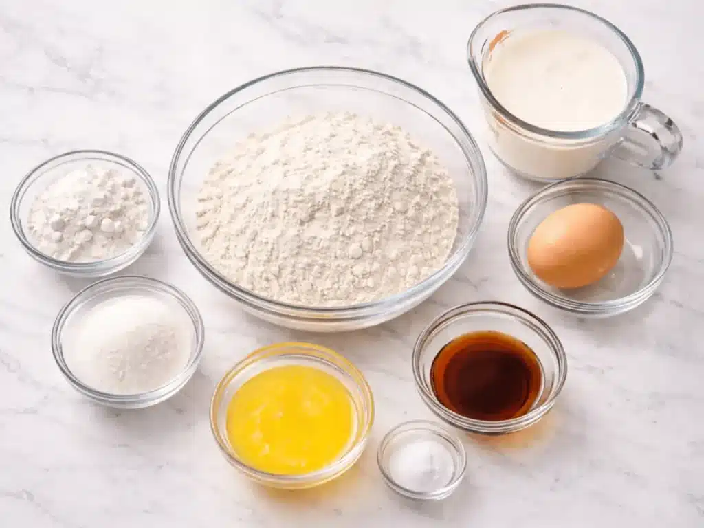 Ingredients for Fluffy Pancakes Recipe laid out on kitchen surface