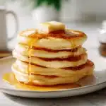 Fluffy Pancakes Recipe with golden butter and syrup on marble counter