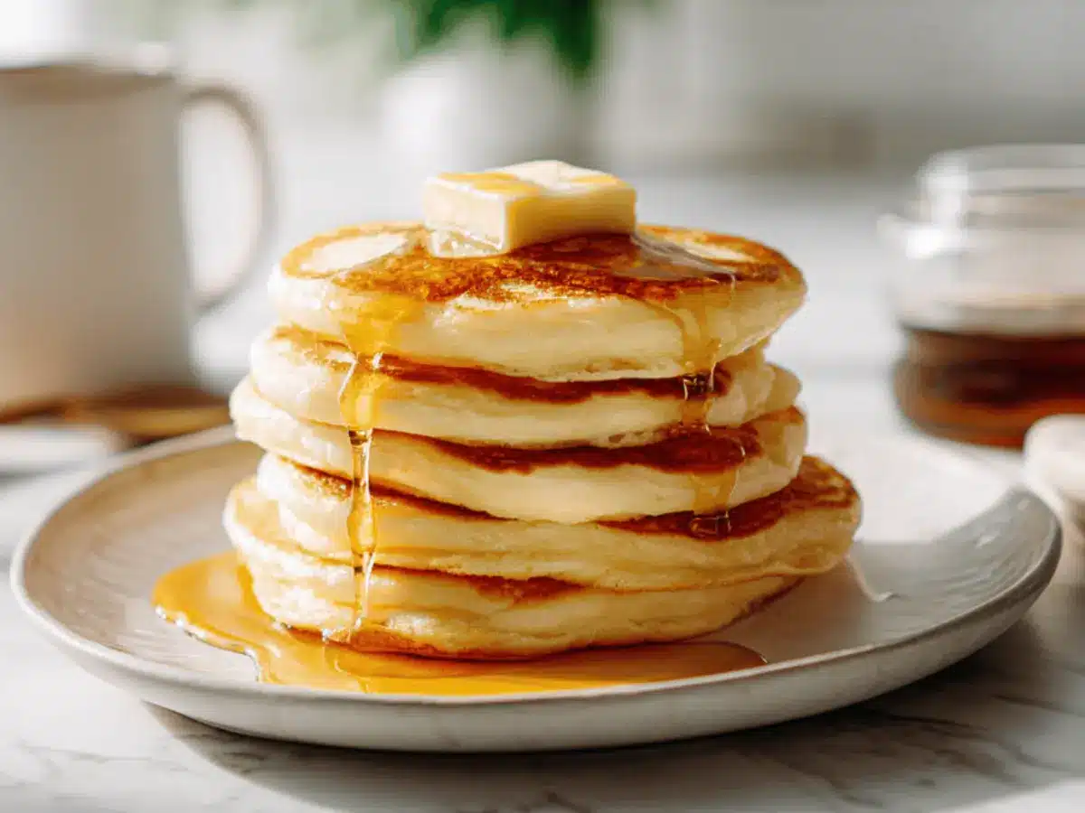 Fluffy Pancakes Recipe with golden butter and syrup on marble counter