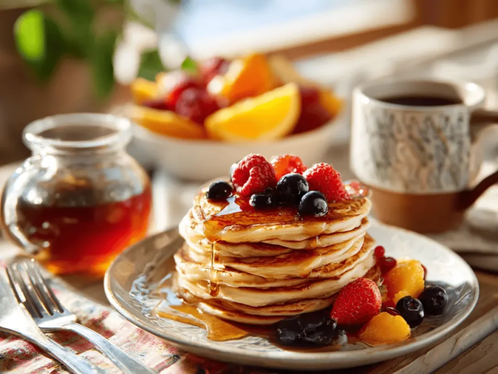 Serving suggestion for Fluffy Pancakes Recipe with syrup and fruit