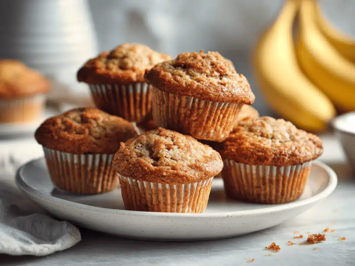 High Protein Banana Muffins Made Easy 6 High protein banana muffins cooling on a marble counter in soft daylight