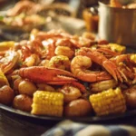seafood cajun boil recipe with shrimp, crab, and corn in garlic butter sauce on a rustic southern table