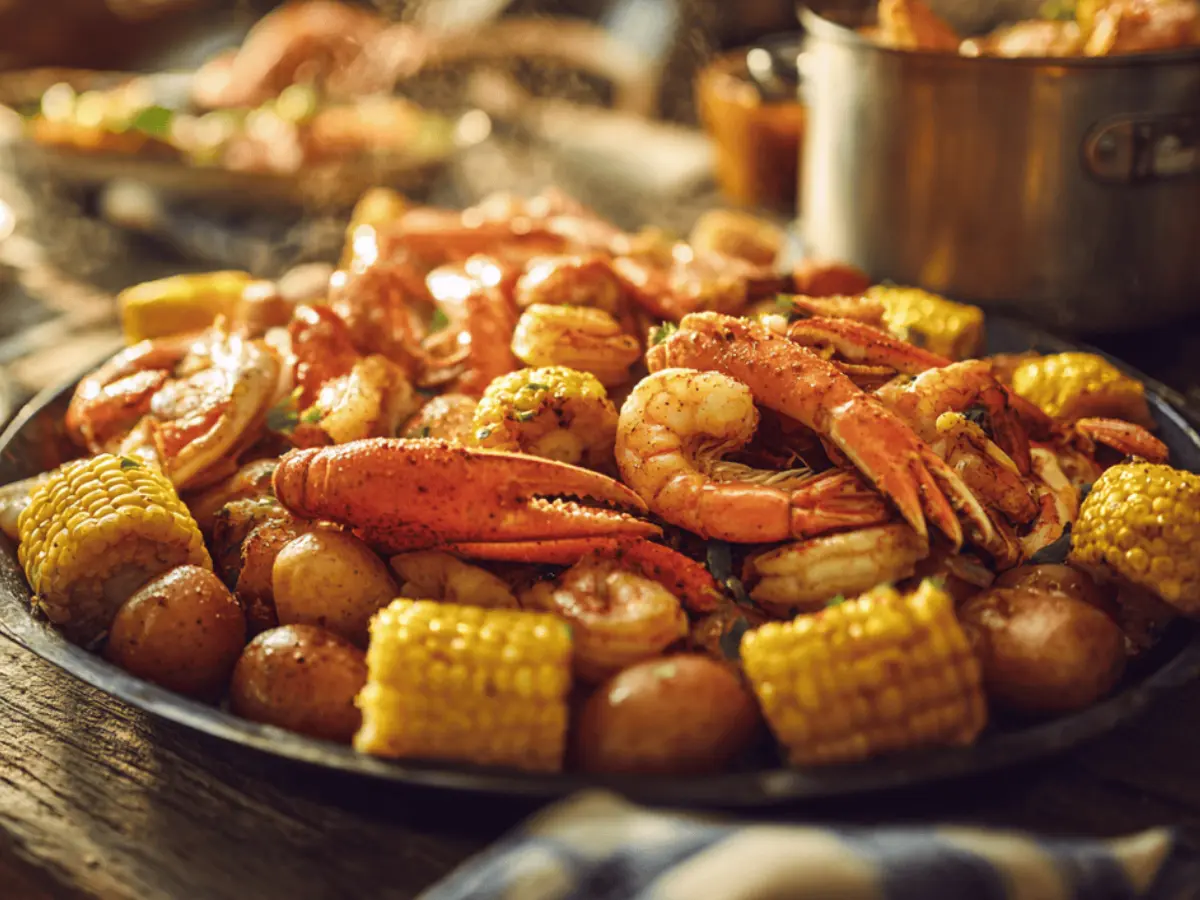 seafood cajun boil recipe with shrimp, crab, and corn in garlic butter sauce on a rustic southern table