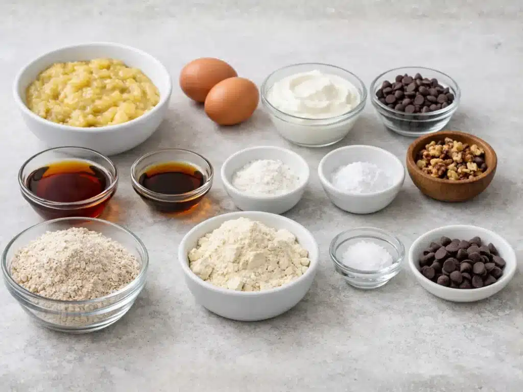 High Protein Banana Muffins Made Easy 2 Ingredients for high protein banana muffins arranged on a marble counter