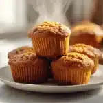 Pumpkin protein muffins stacked on a plate under warm light.