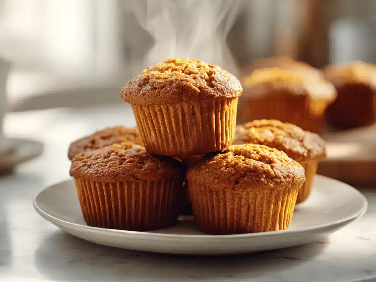 Pumpkin protein muffins stacked on a plate under warm light.