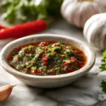 Red chimichurri sauce in a white bowl with herbs and peppers.