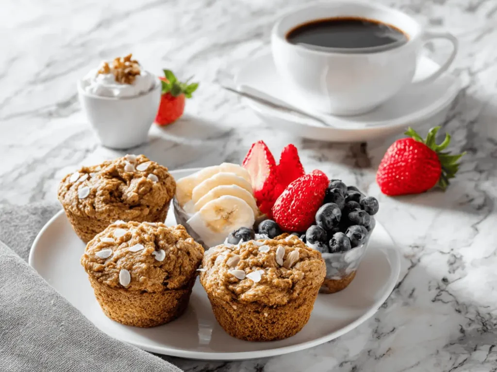 High Protein Banana Muffins Made Easy 5 High protein banana muffins served with fruit and yogurt in soft daylight