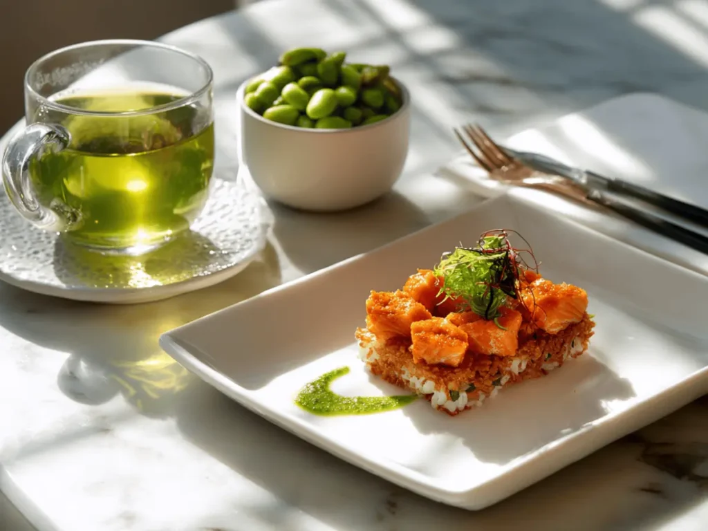 Spicy Salmon Crispy Rice – A Flavor-Packed Appetizer You’ll Crave 4 Spicy salmon crispy rice served with miso soup and edamame.
