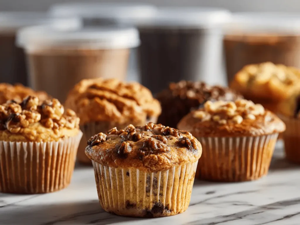 High Protein Banana Muffins Made Easy 4 Different flavor variations of banana muffins displayed in warm natural light
