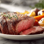 Juicy cooked beef chuck eye steak sliced and served with herbs on a white plate on a bright marble surface.