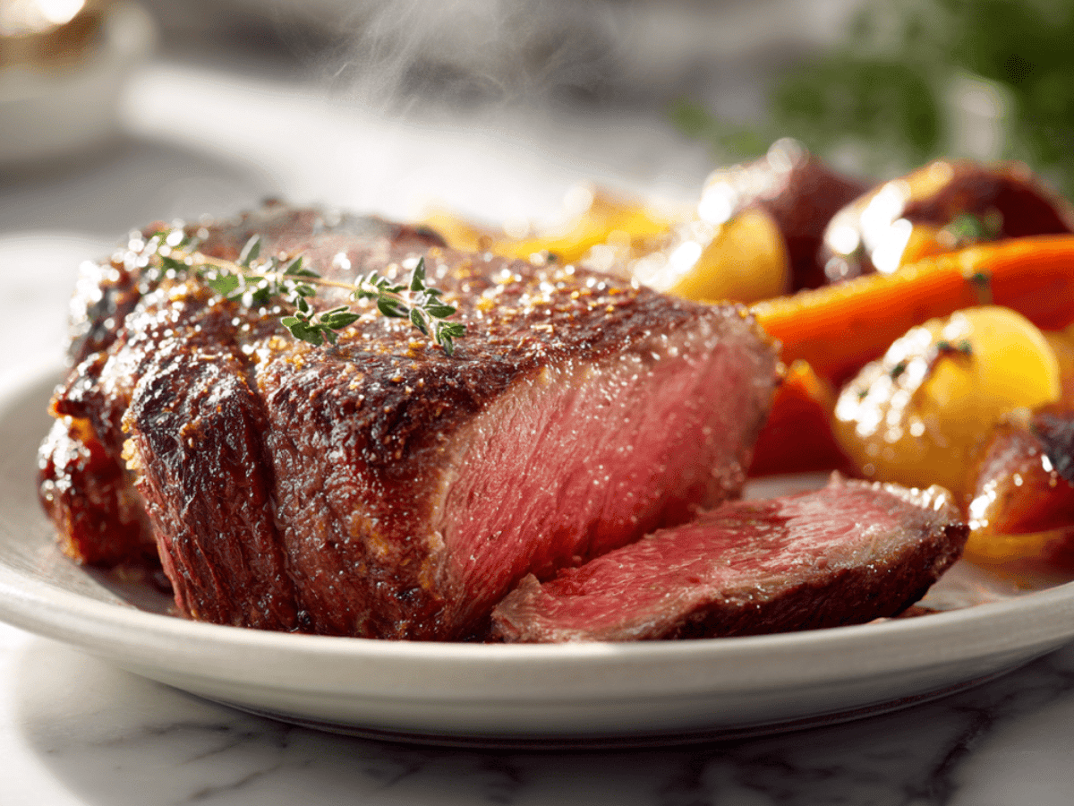 Juicy cooked beef chuck eye steak sliced and served with herbs on a white plate on a bright marble surface.