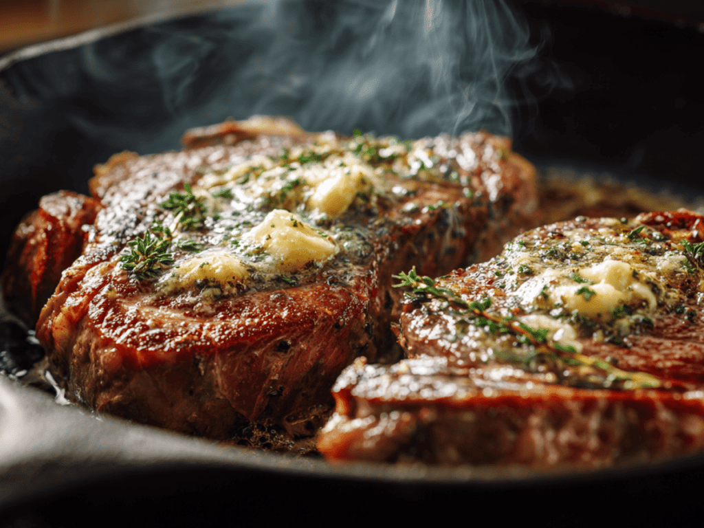 Beef chuck eye steak searing in a cast iron skillet with butter and garlic.