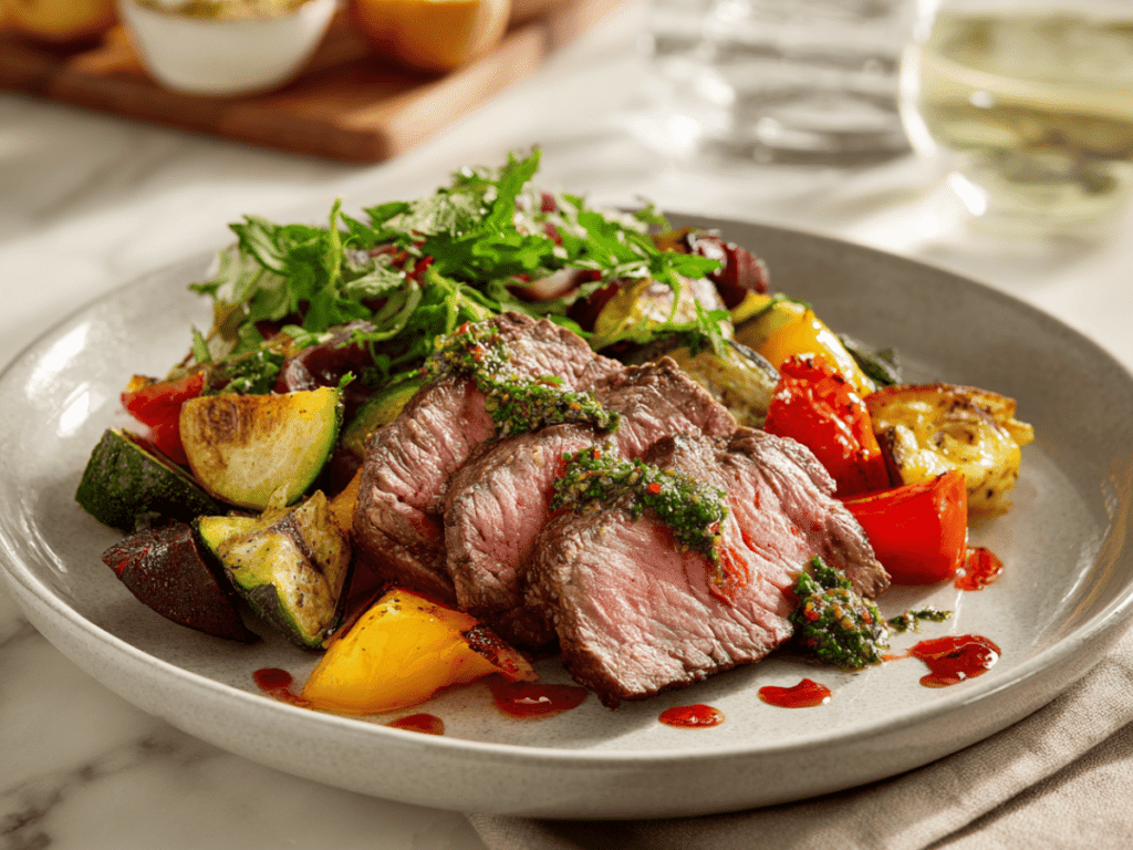 Beef chuck eye steak served with roasted vegetables, fresh salad, and bright chimichurri.