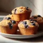 Blueberry protein muffins on a bright marble counter with natural daylight